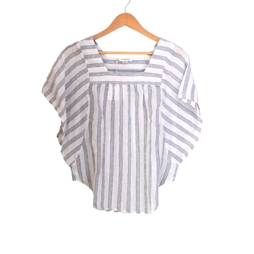 Beachlunchlounge‎ Linen Blend Bat Wing Stripe Top White/Blue Size XS